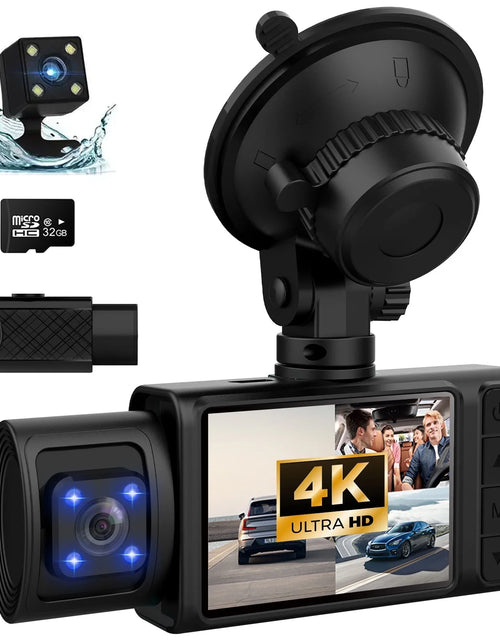 Load image into Gallery viewer, Dash Cam,3 Channel Dash Cam,4K+1080P Dash Cam Front and Inside,Triple Dash Cam for Car,Dash Camera with 32GB Card, 2160P Full Uhd,G-Sensor,170°Deg Wide Angle Dashboard with Infrared Night Vision
