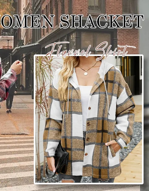 Load image into Gallery viewer, Flannel Shirts for Women Button down Plaid Shirt Hooded Shacket Jacket with Pocket
