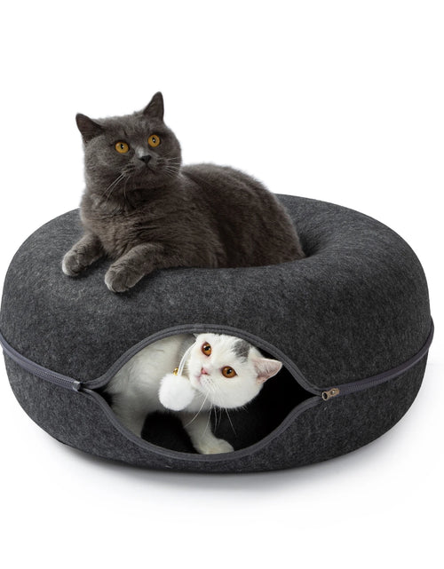 Load image into Gallery viewer, 24 Inch Large Donut Cat Bed - Spacious Peekaboo Cat Cave for Multiple Cats up to 30 Lbs, Detachable and Washable Wool Felt Tunne
